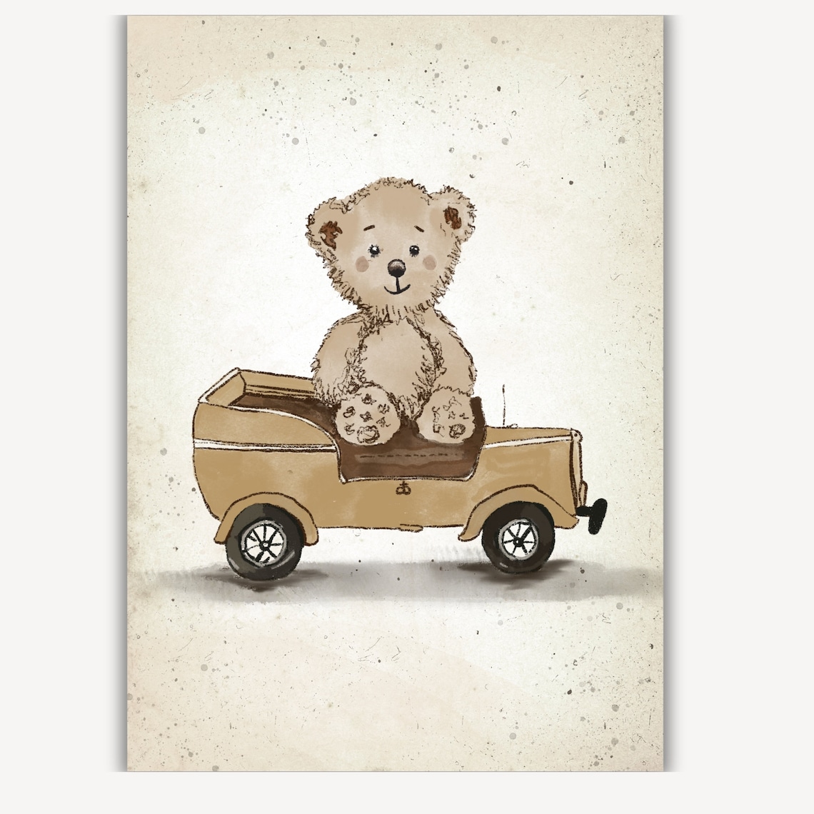 Teddy Bear Sitting In Vintage Toy Car Sketch Nursery Room Poster - Image 2