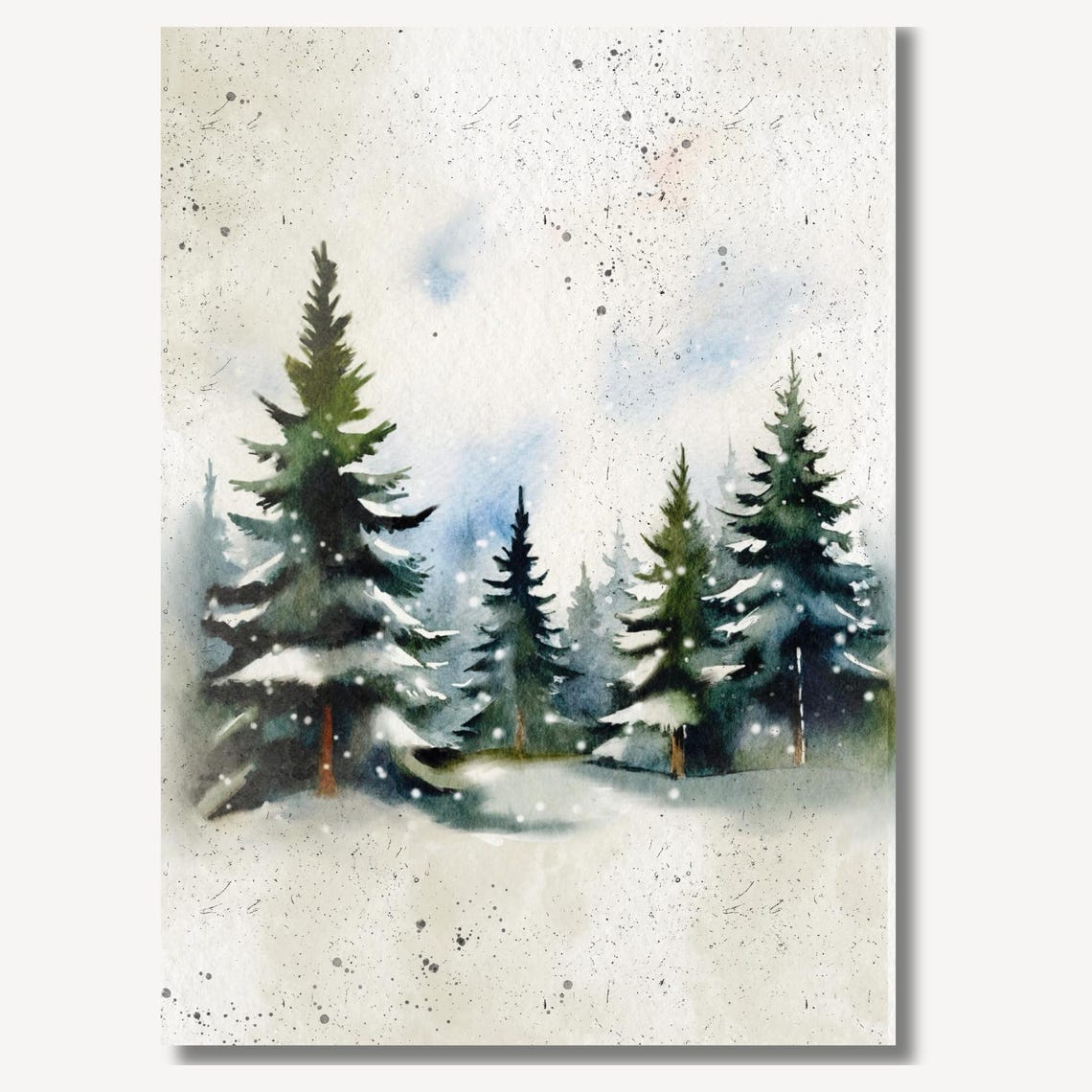 Soft Snow Covered Pine Trees Gently Falling Snow Watercolor Poster - Image 2