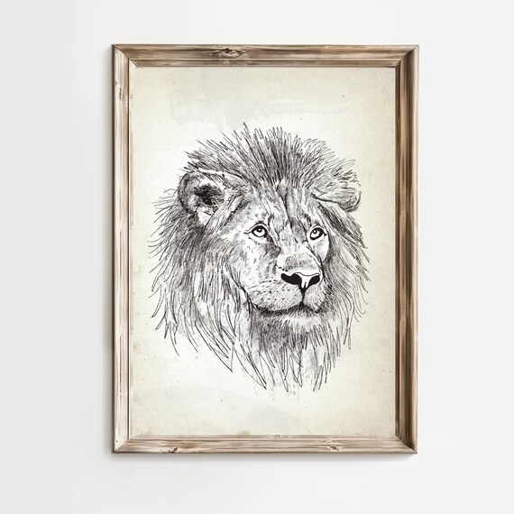 Bold Lion Head Ink Portrait in Antique Safari Sketch Art Poster