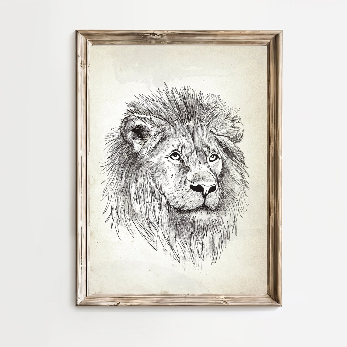 Bold Lion Head Ink Portrait in Antique Safari Sketch Art Poster