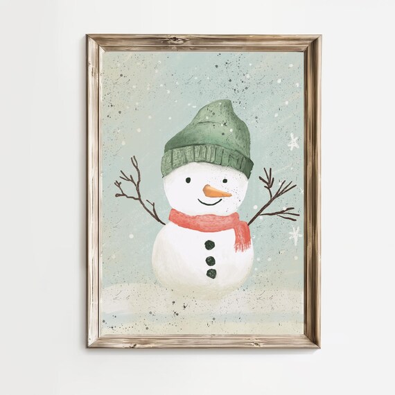 Snowman in Green Knit Cap and Coral Scarf Christmas Art Print