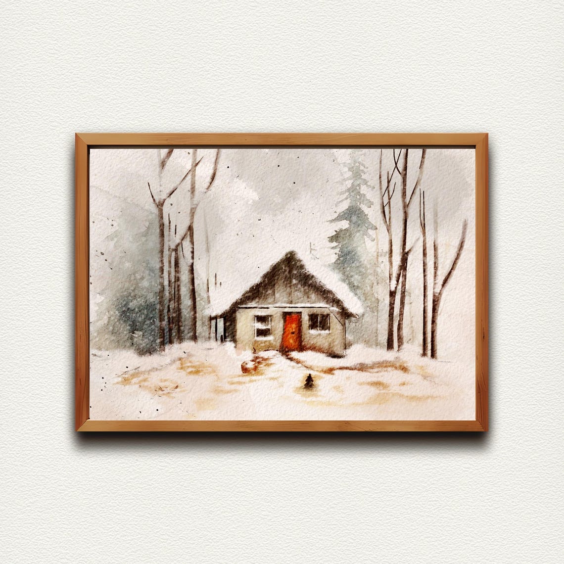 Snow Covered Cabin With Red Door Among Bare Trees Watercolor Poster - Image 4