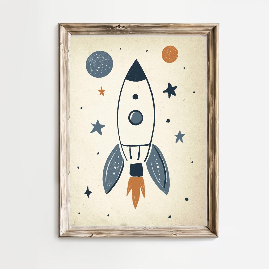 Cream Rocket Ship With Moon And Stars Nursery Space Room Poster
