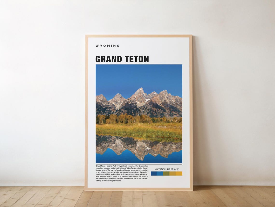 Grand Teton Wyoming Lake Mirror Reflection Mountain Travel Poster