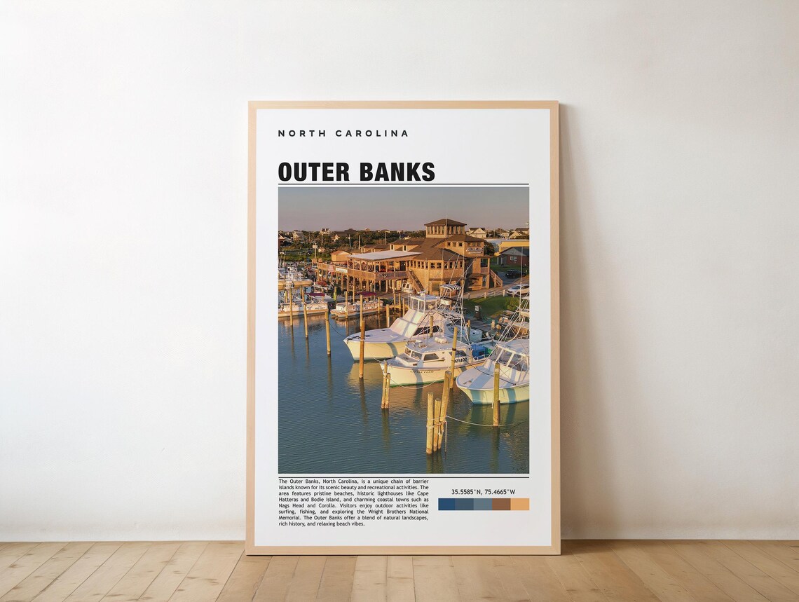 Outer Banks North Carolina Marina Boats Travel Poster Coastal Artwork
