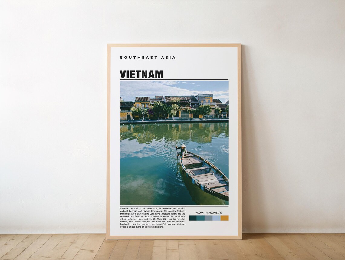 Vietnam Travel Poster Riverside Town With Wooden Boat Southeast Asia