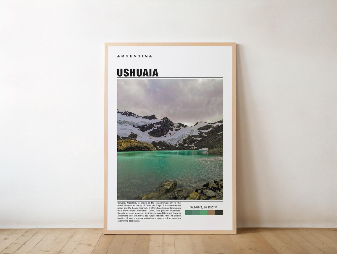 Ushuaia Argentina Snowy Mountain Lake Travel Poster Photography