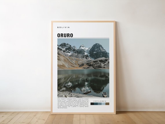 Oruro Andes Lake Snowy Mountain Boats Reflection Bolivia Travel Poster