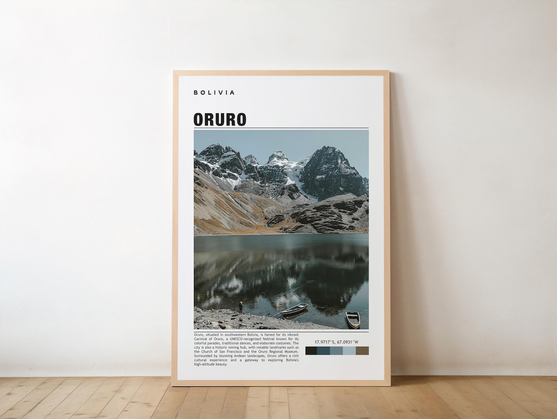 Oruro Print Bolivia Poster Carnival City Travel Art High Plateau Cultural Parade Scenic Views Andes Charm Festive Spirittraditions