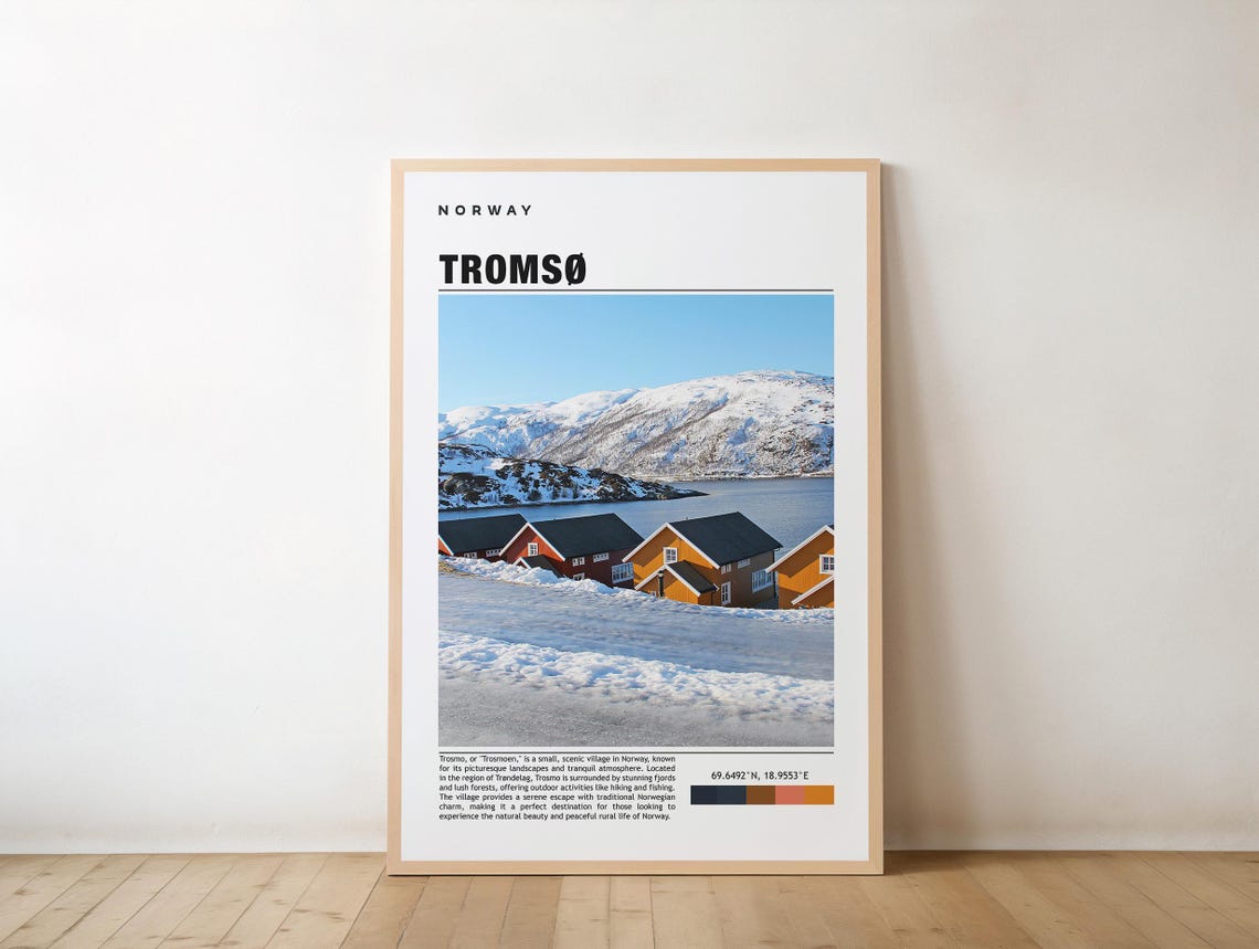 Tromso Norway Snowy Cabins Fjord Mountains Arctic Winter Travel Poster