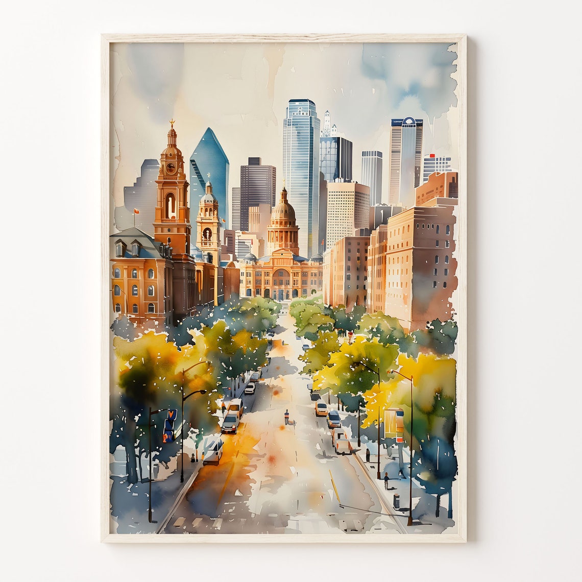 Dallas Texas Skyline Historic Courthouse Avenue Watercolor City Poster