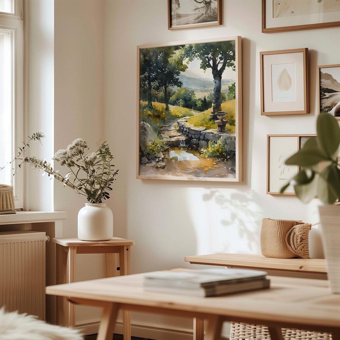 Dartmoor National Park Stream Stone Wall Fountain Trees Watercolor Poster - Image 3