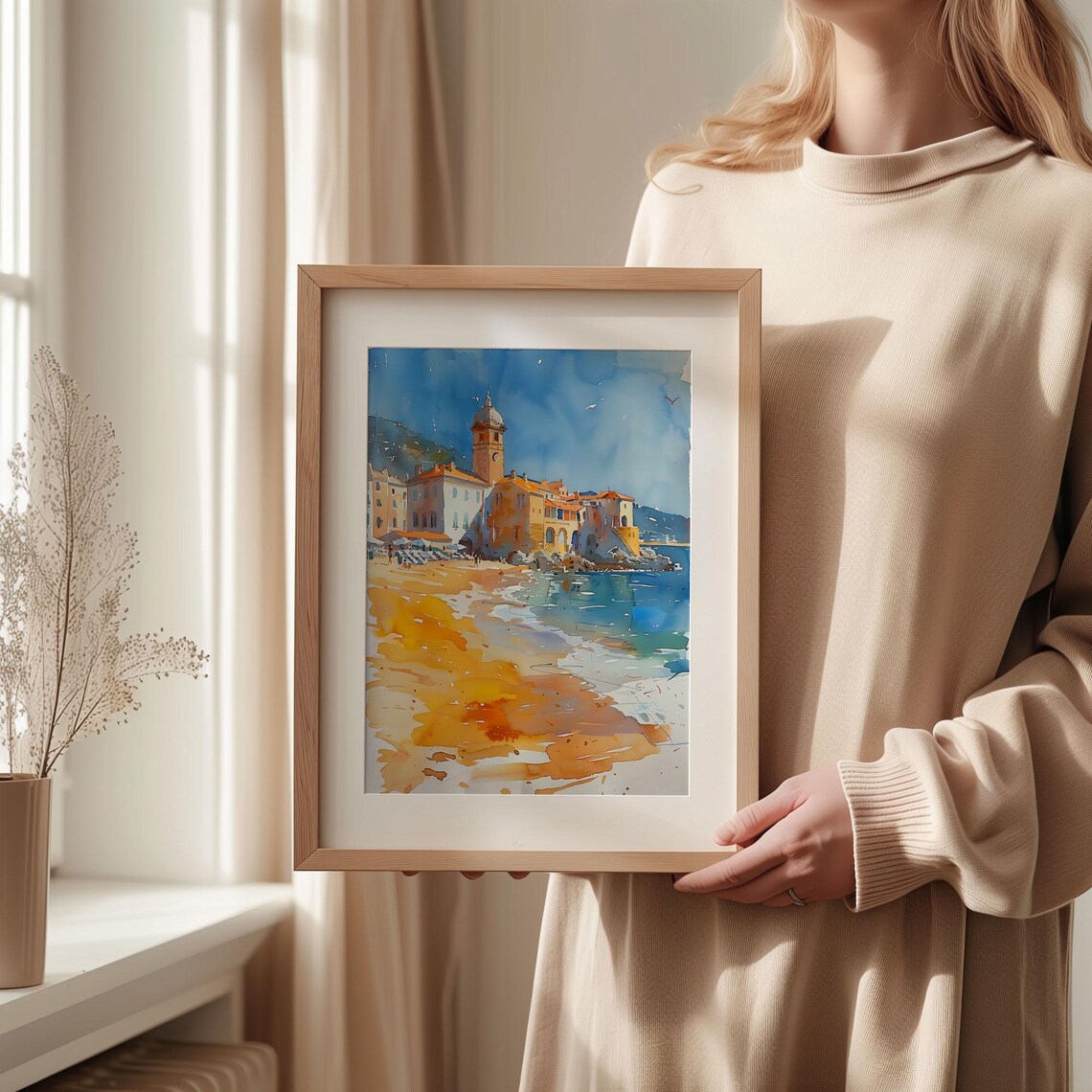 Historic Mediterranean Coastal Town Beach Watercolor Painting Poster - Image 2