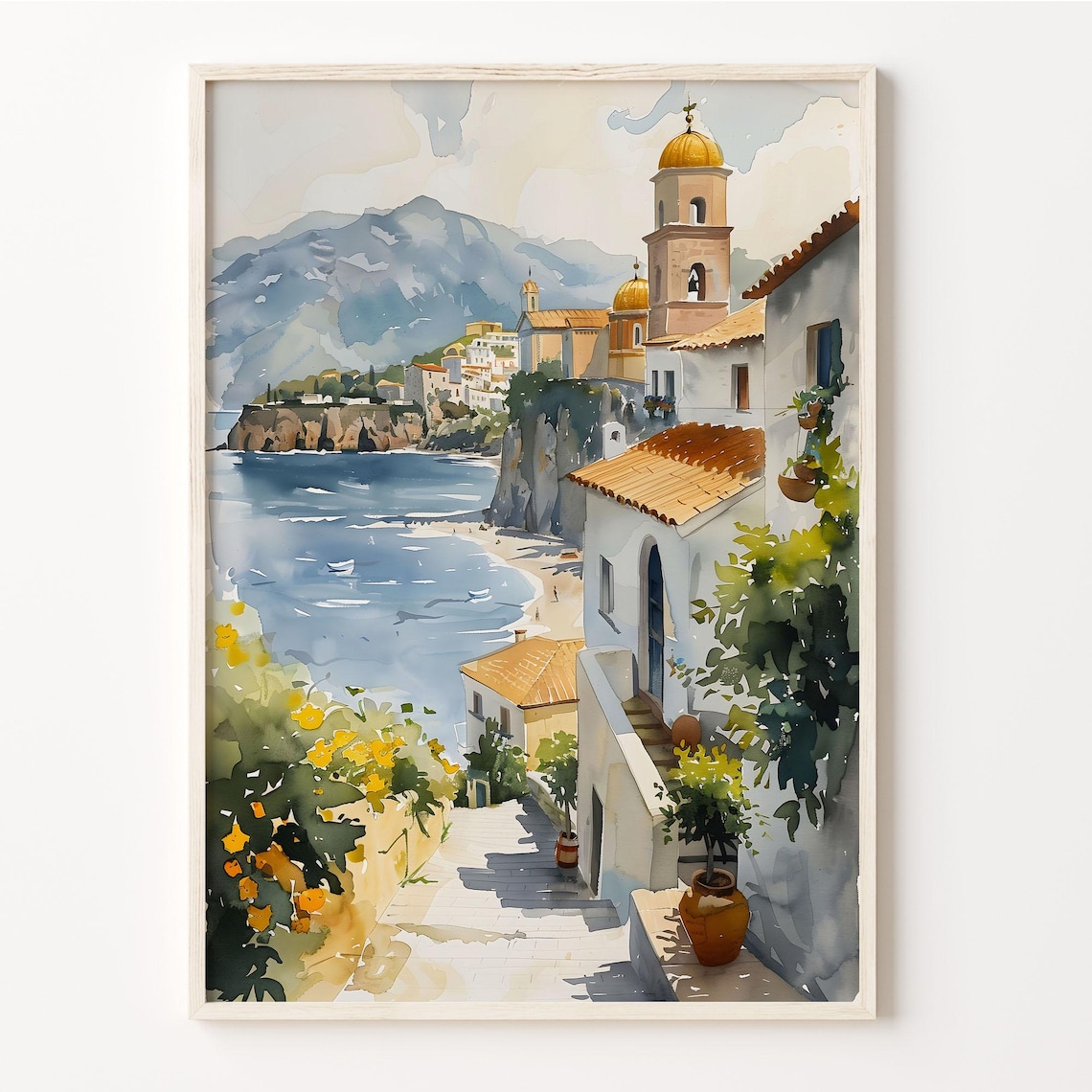 Sicily Coast Italy Watercolor Travel Poster, Landscape