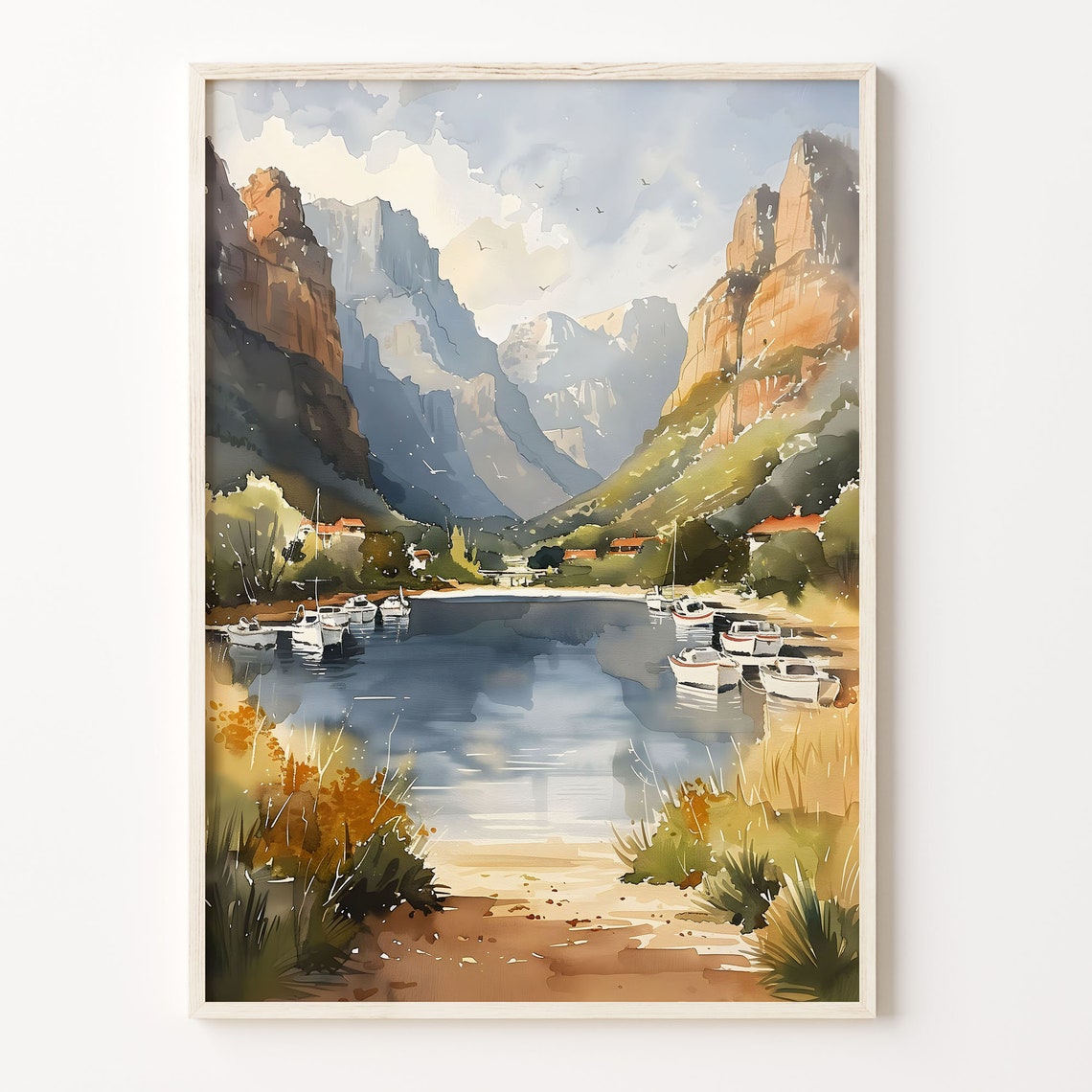 Serene Mountain Lake Boats Valley Reflections Watercolor Poster