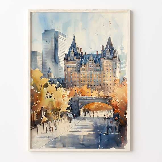 Vancouver Canada Chateau Hotel Autumn Bridge Watercolor Poster