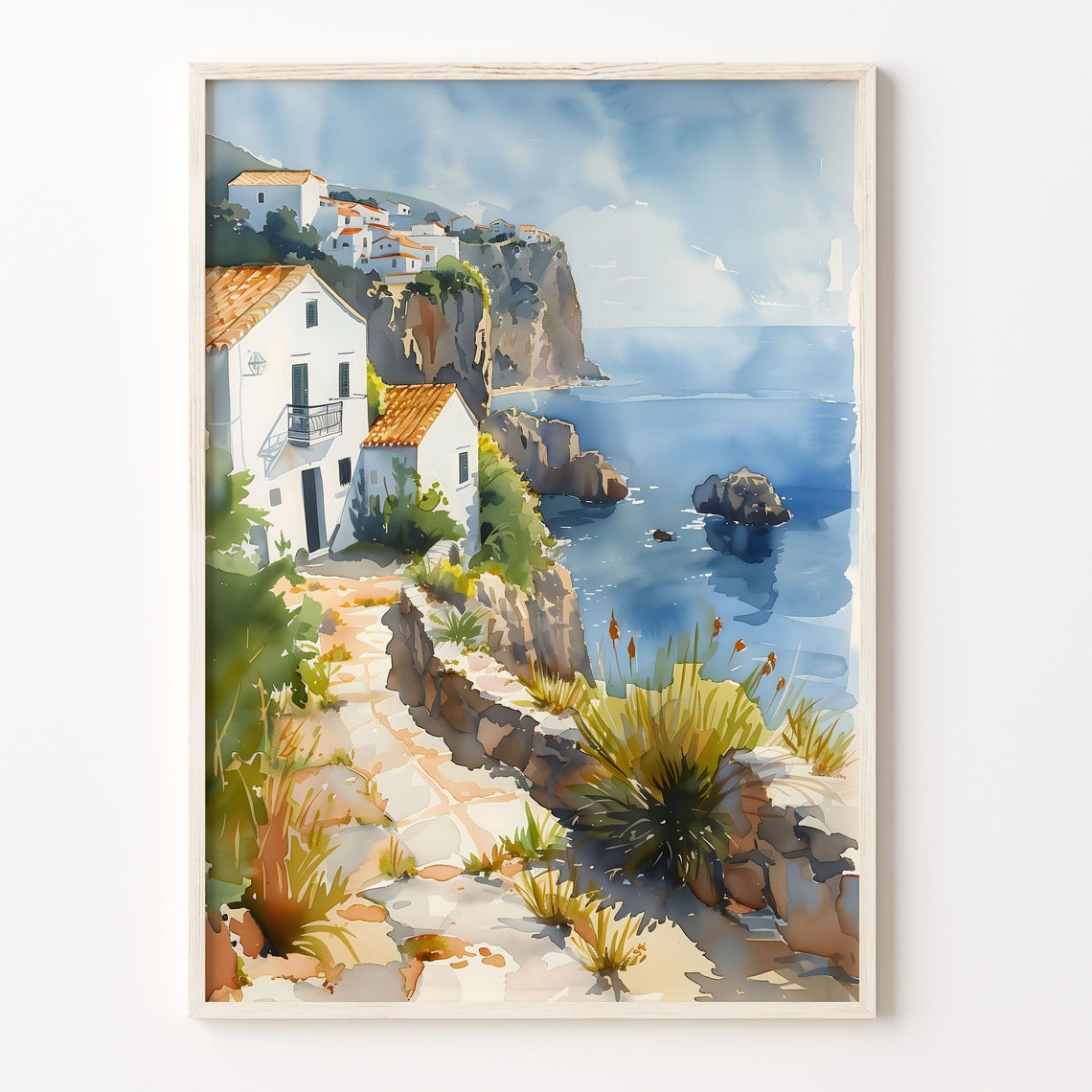 Algarve Coast Watercolor Poster Whitewashed Village Cliffs Blue Sea