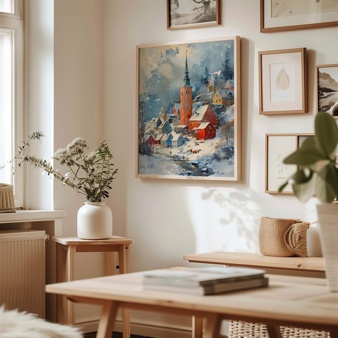 Reykjavik Iceland Snowy Town Church Spire Winter Watercolor Poster - Image 3