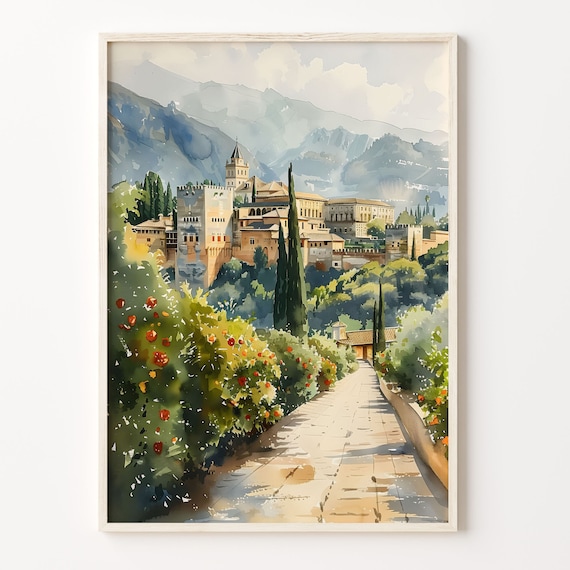 Granada Watercolor Painting Travel Poster, Spain