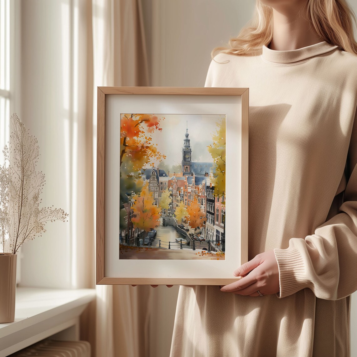 Amsterdam Charming Canal Autumn Church Tower Watercolor Poster - Image 2