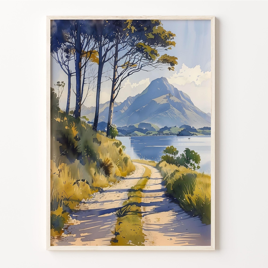 Lake Taupo New Zealand Mountain Path Lakeside Watercolor Travel Poster