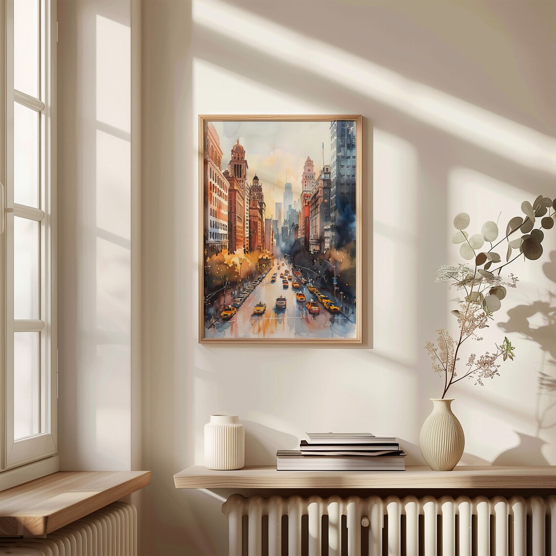 New York City Yellow Taxis Downtown Street Sunset Watercolor Print - Image 4