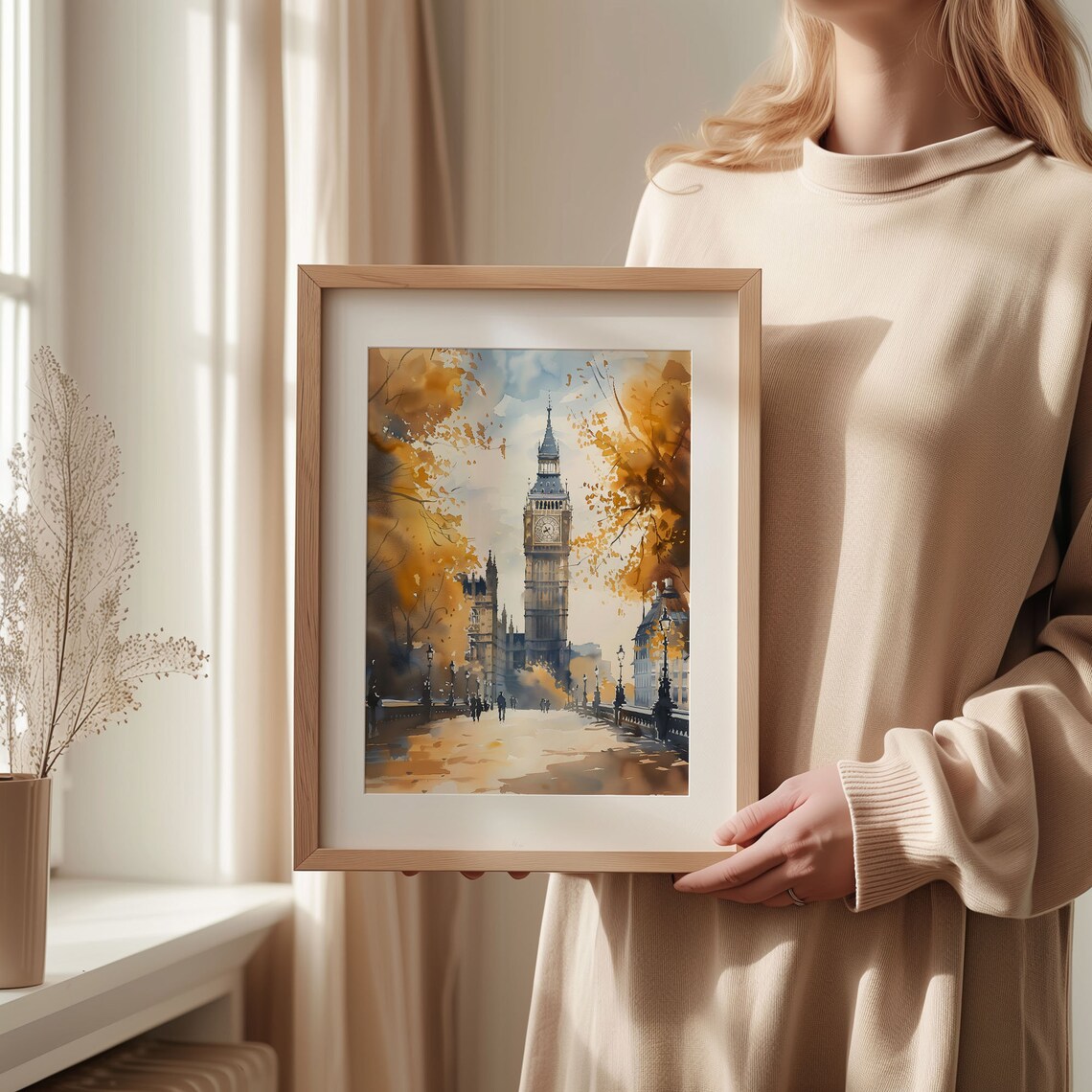 London Big Ben Westminster Bridge Autumn Leaves Watercolor Poster - Image 2