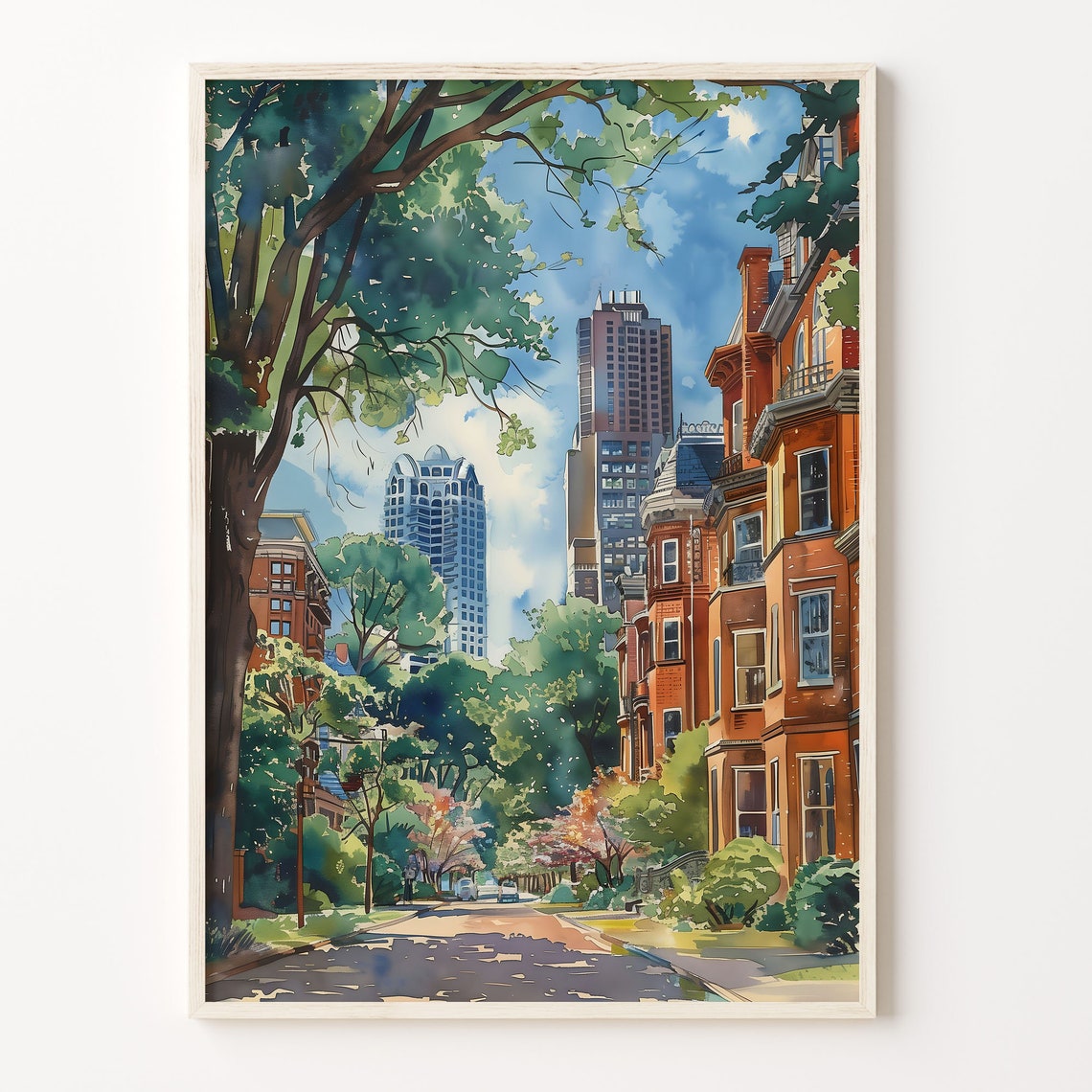 Leafy Brownstone Street City Skyline Summer Watercolor Print