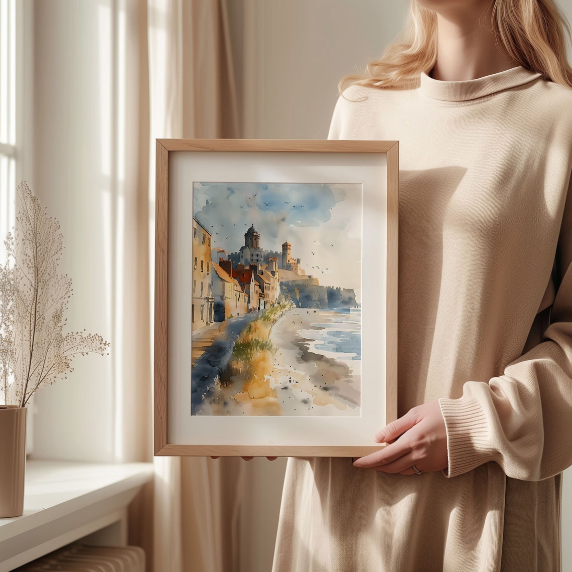Seaside Tynemouth UK Coastal Castle Cliffs Watercolor Poster - Image 2