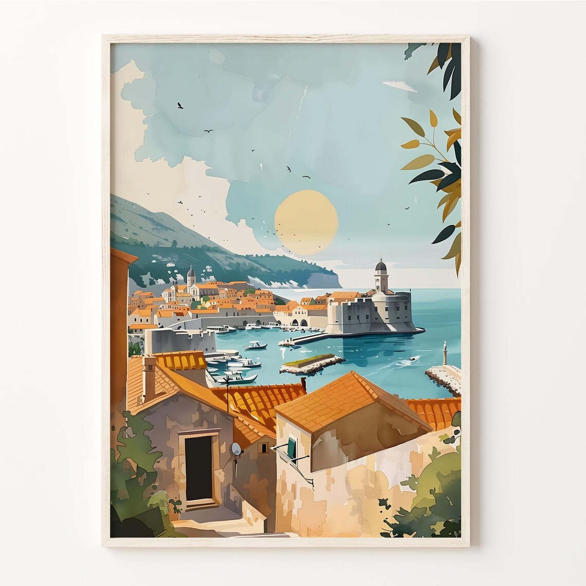 Dubrovnik Croatia Old Town Harbor Sunset Watercolor Travel Poster