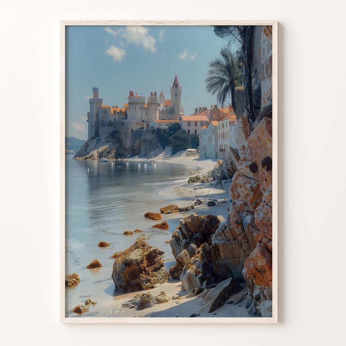 Historic French Coastal Seaside Castle Watercolor Painting Poster