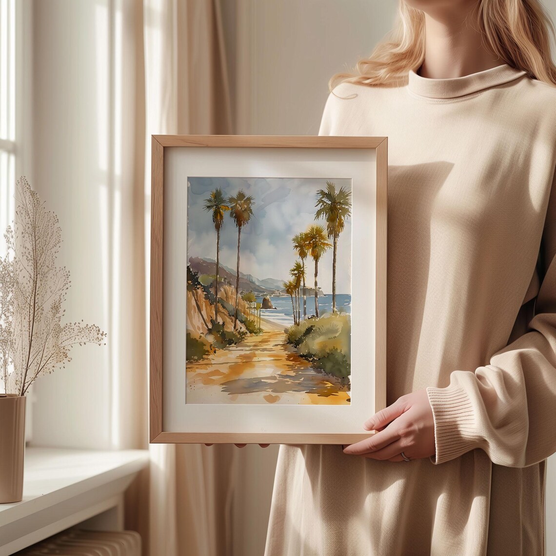 Huntington Beach California Palm Dunes Watercolor Painting Poster - Image 2
