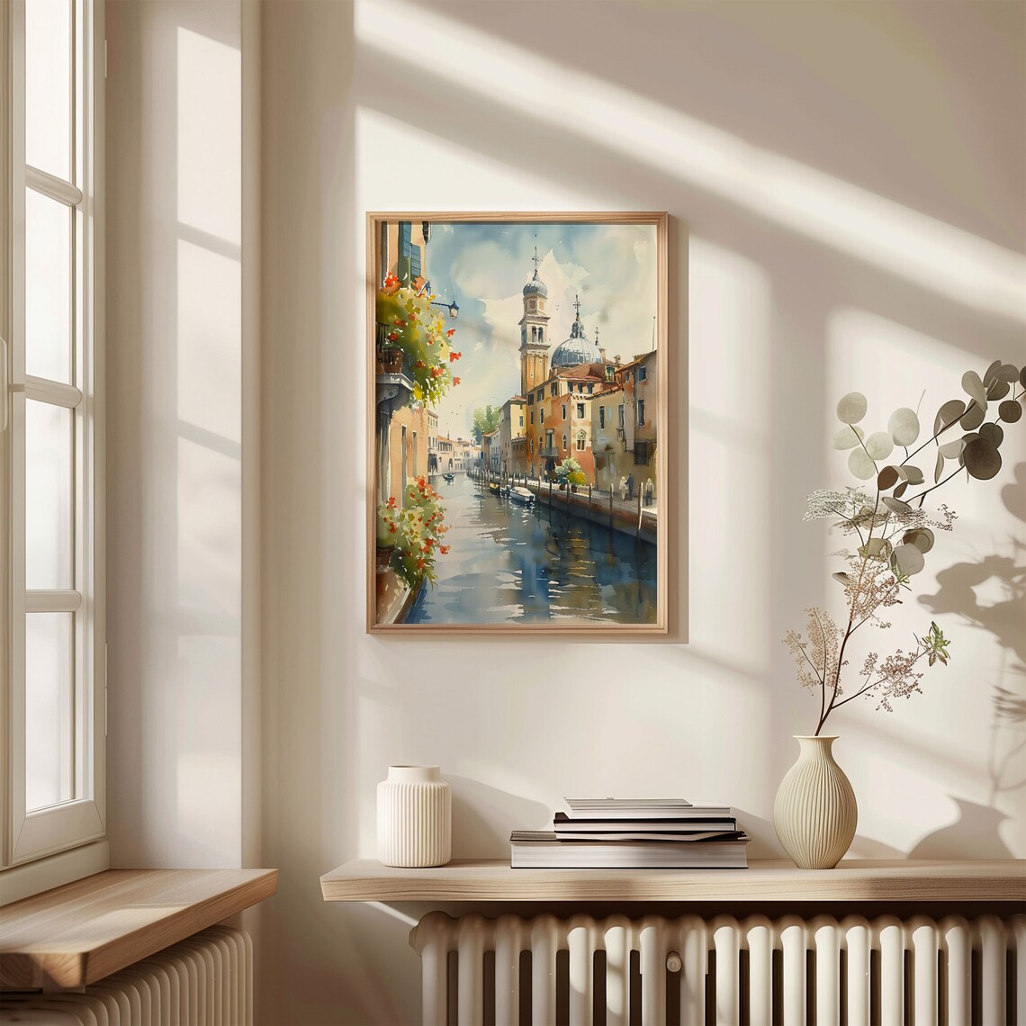 Venice Sunny Canal Bell Tower Gondola Boats Watercolor Poster - Image 4