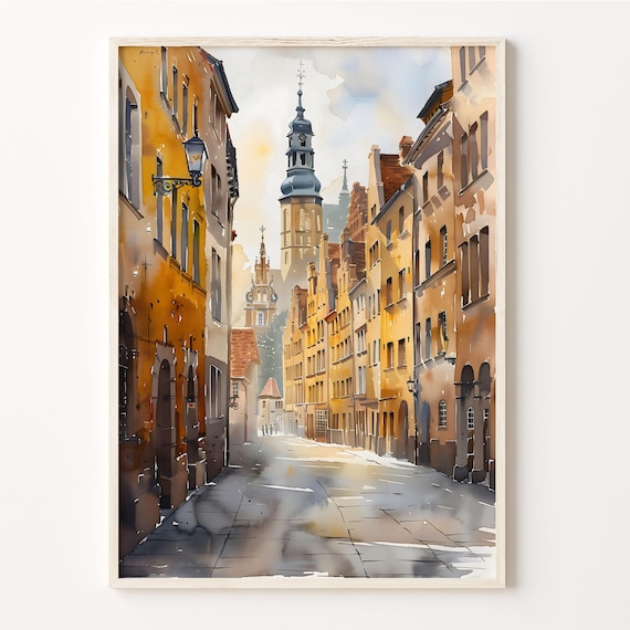 Wroclaw Poland Historic Old Street Church Tower Watercolor Poster