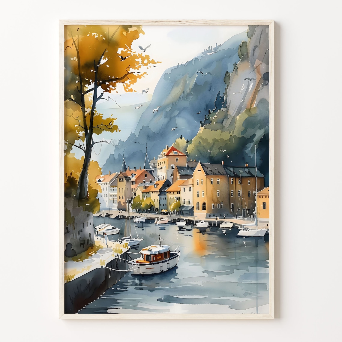 Bergen Watercolor Painting Norway Travel Poster