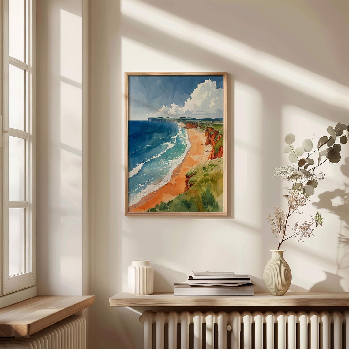 Northumberland Coast Red Cliffs Sandy Beach Waves Watercolor Poster - Image 4