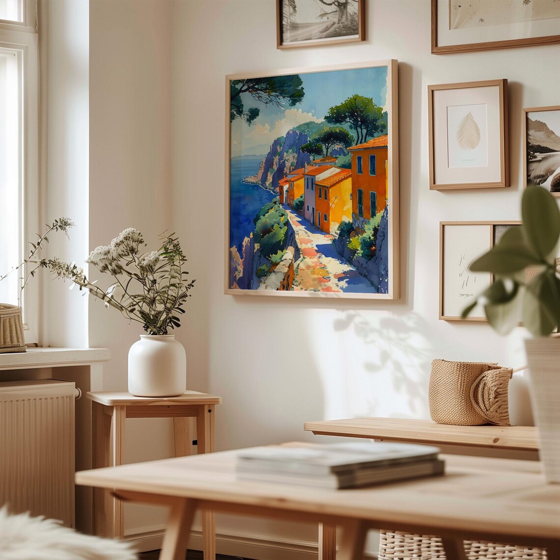 Lefkada Greece Orange Cliffside Houses Deep Blue Sea Watercolor Poster - Image 3