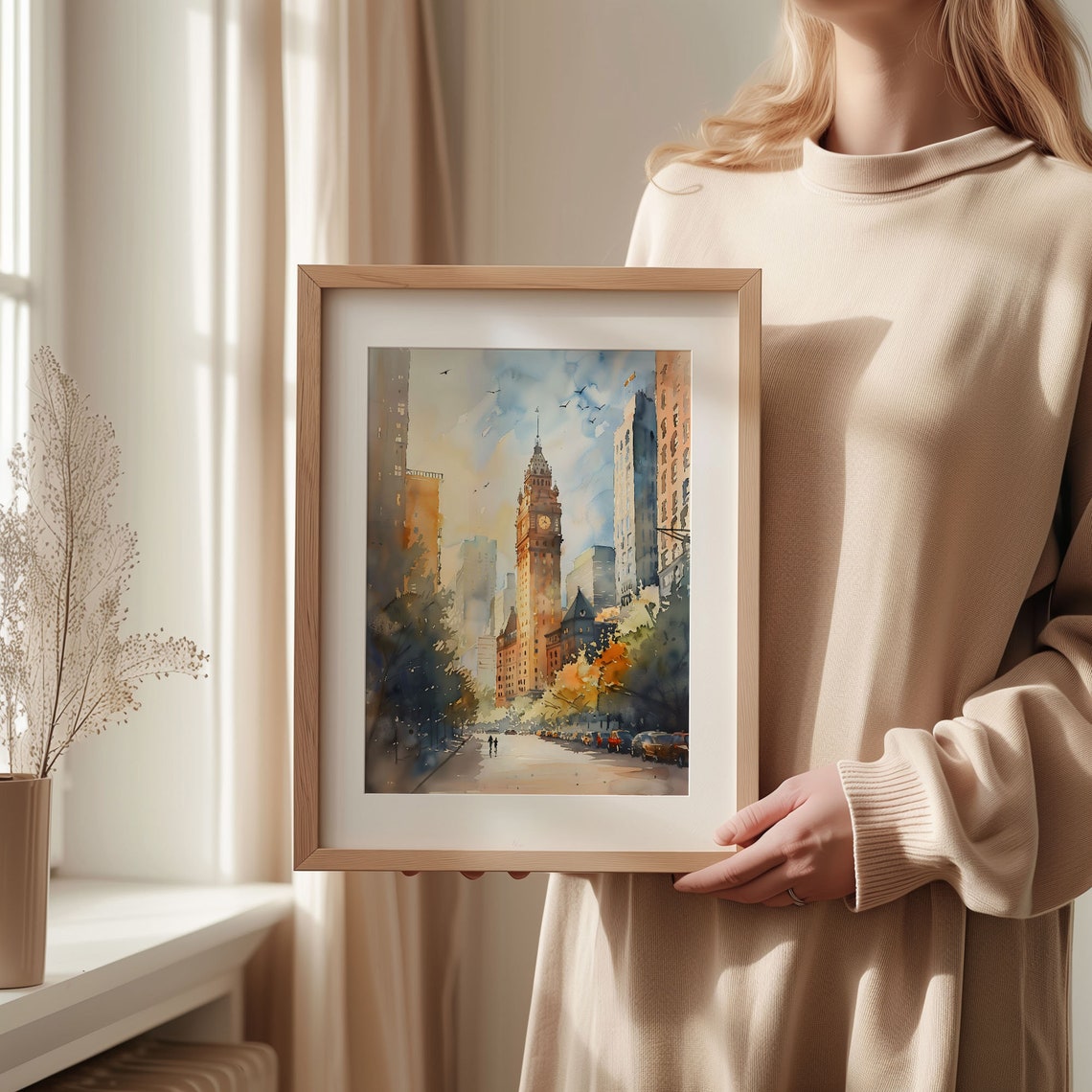 Historic Clock Tower City Avenue Autumn Trees Watercolor Poster - Image 2