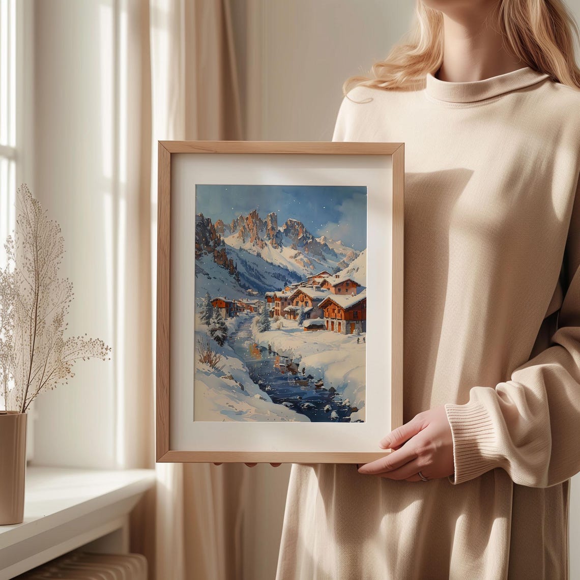 Tignes France Snowy Alpine Village Winter Watercolor Travel Poster - Image 2