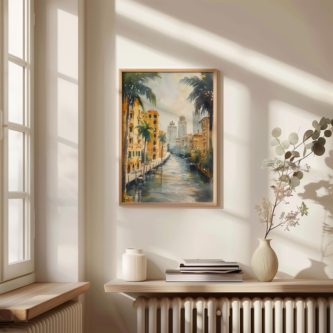 Miami Florida Canal Palm Trees Downtown Skyline Watercolor Travel Poster - Image 4