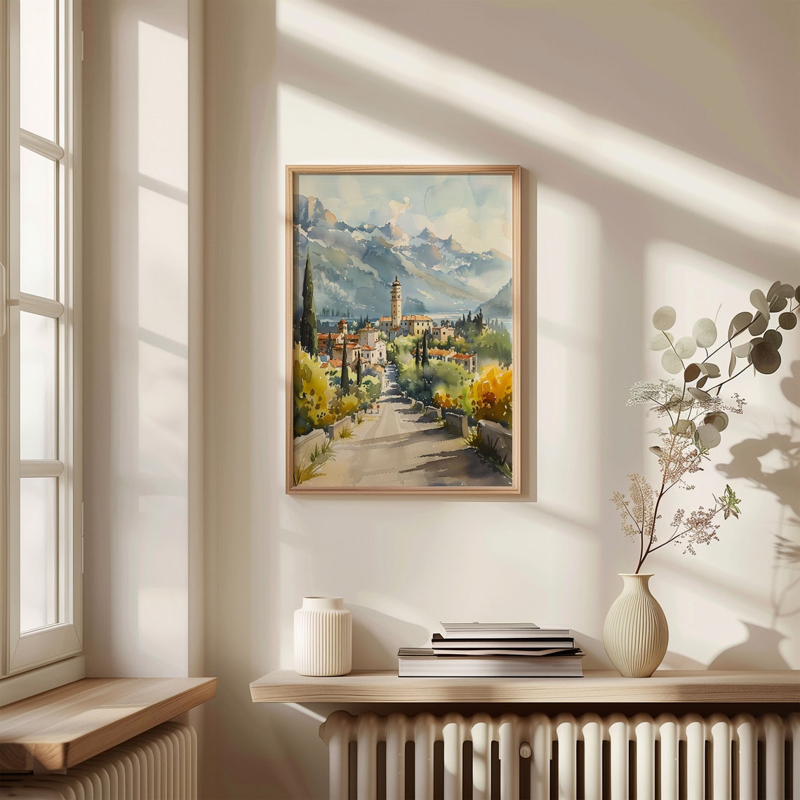 Italian Lakeside Alpine Village Bell Tower Watercolor Poster - Image 4