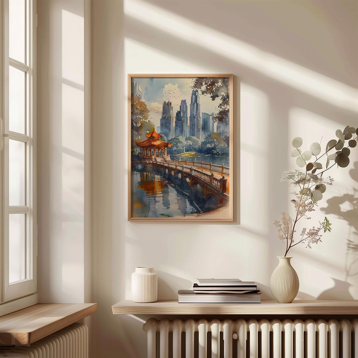 Singapore Skyline Chinese Pagoda Bridge Skyscrapers Watercolor Poster - Image 4