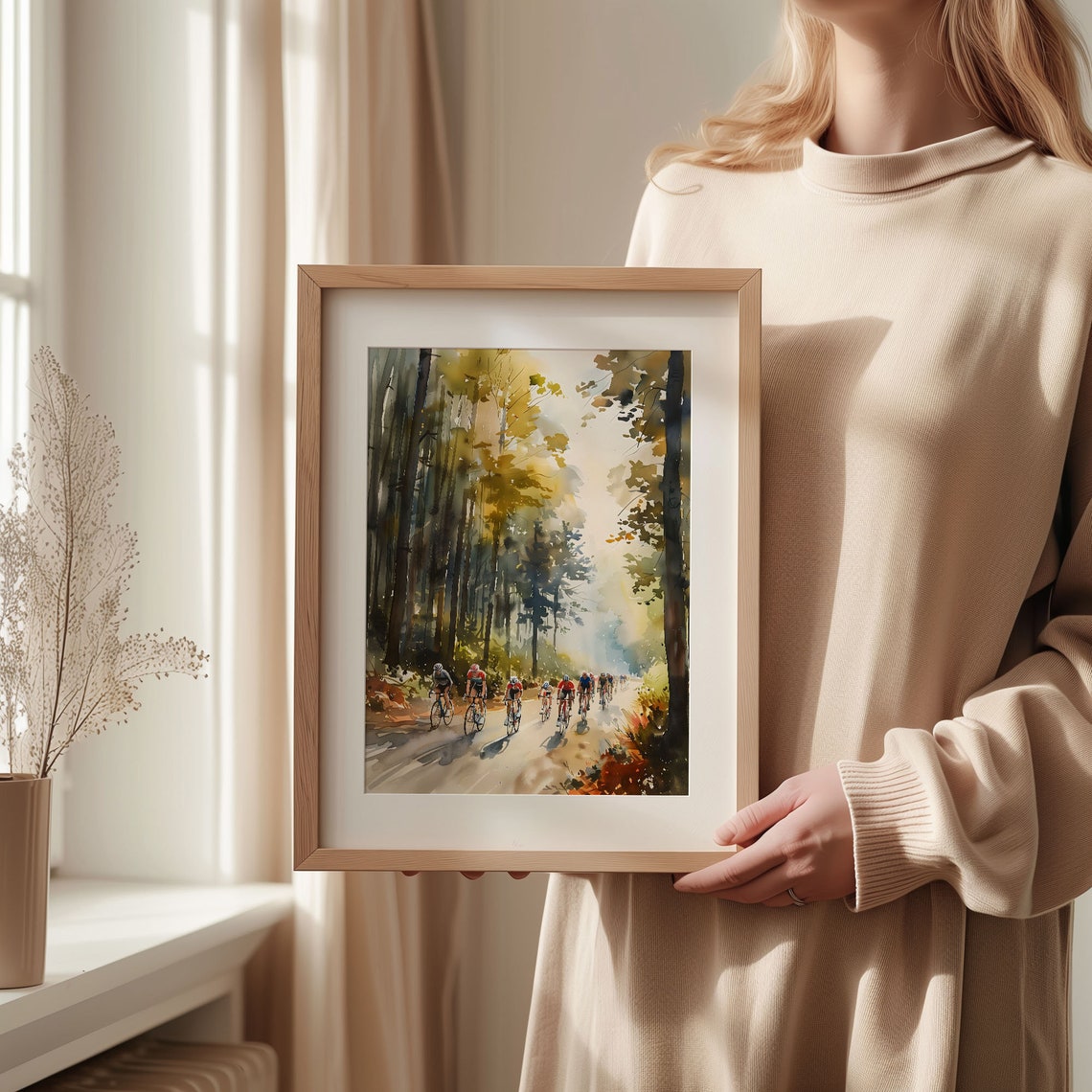 Road Cyclists Racing Through Sunlit Forest Road Watercolor Print - Image 2