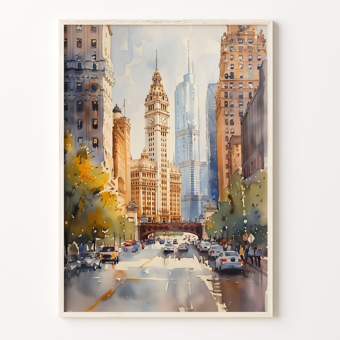 Chicago Watercolor Travel Poster, Retro Illinois Art Print
