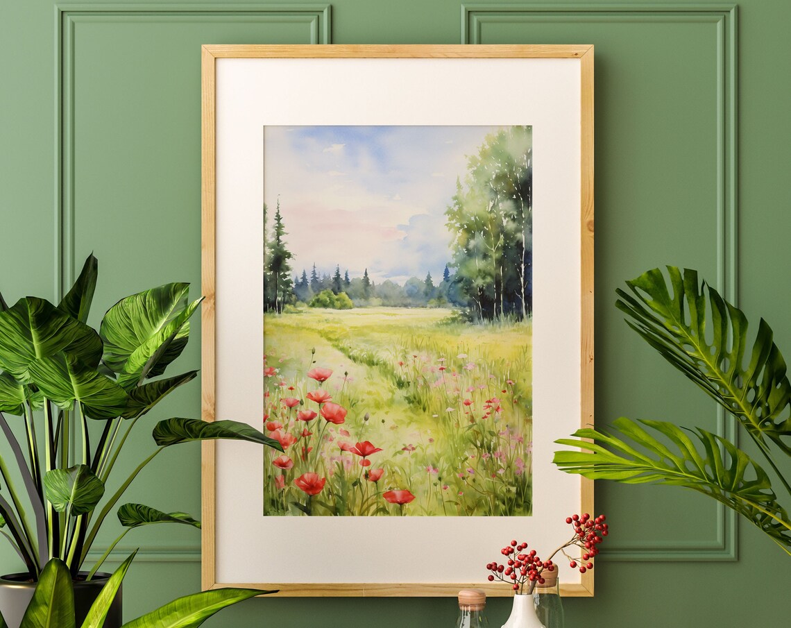 Red Poppy Meadow Watercolor Wildflower Field Spring Art Poster