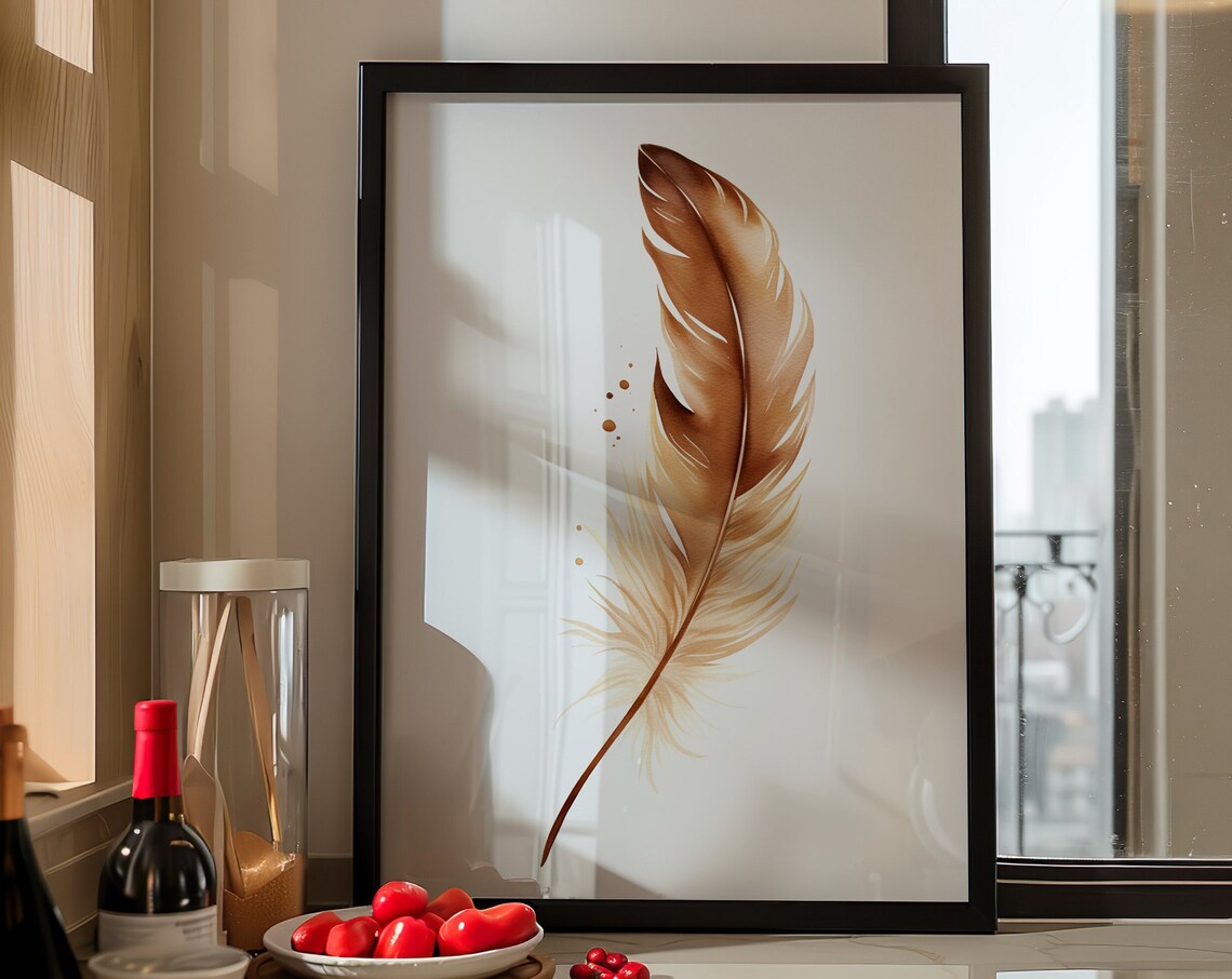 Brown Feather Watercolor Minimalist Abstract Nature Art Poster - Image 5