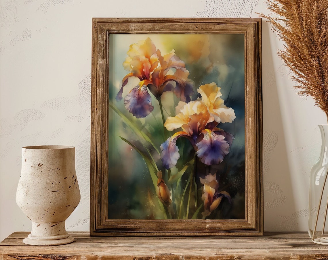 Orange Yellow Purple Iris Flowers Golden Watercolor Botanical Poster