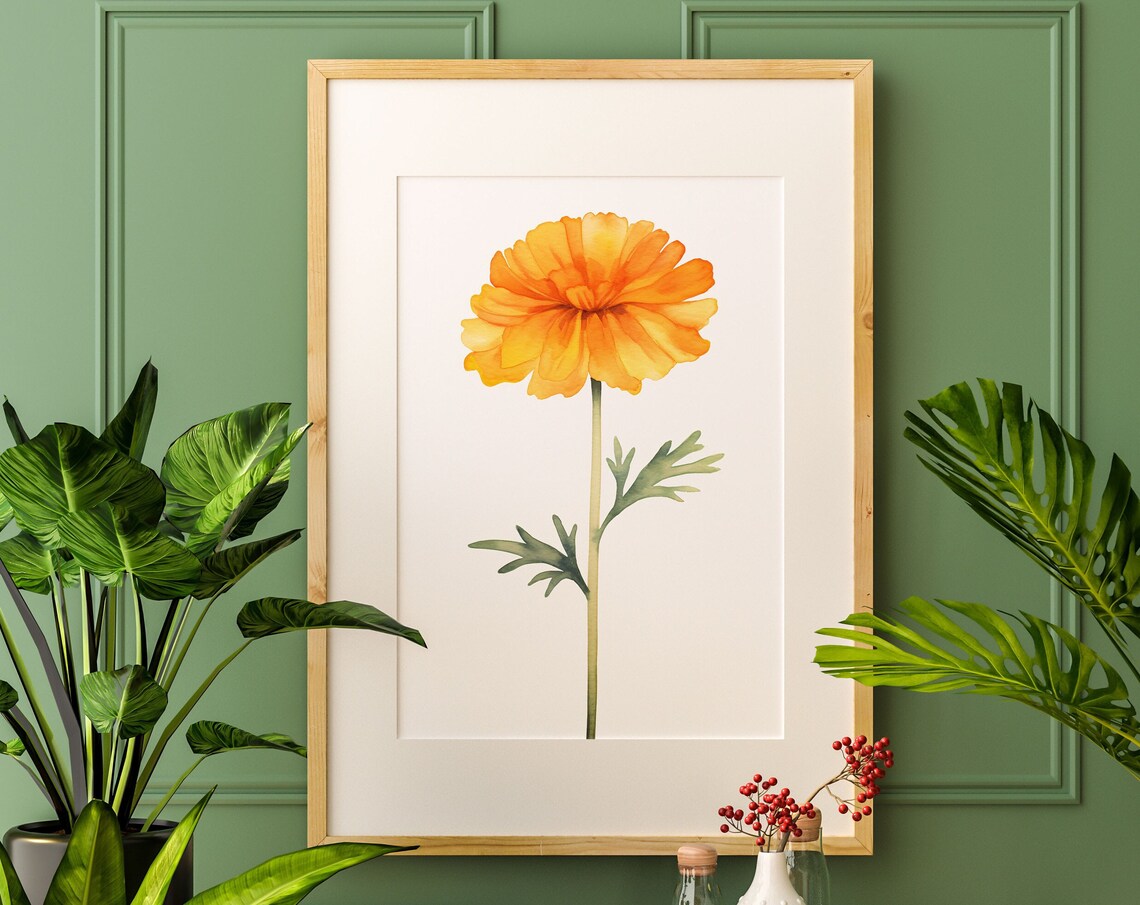 Golden Orange Marigold Watercolor Flower Minimalist Art Poster
