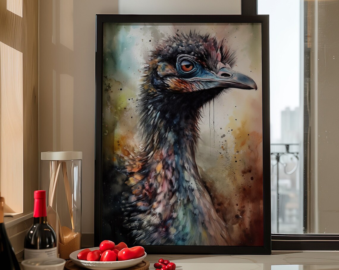 Emu Watercolor Portrait Exotic Bird Wildlife Animal Art Poster