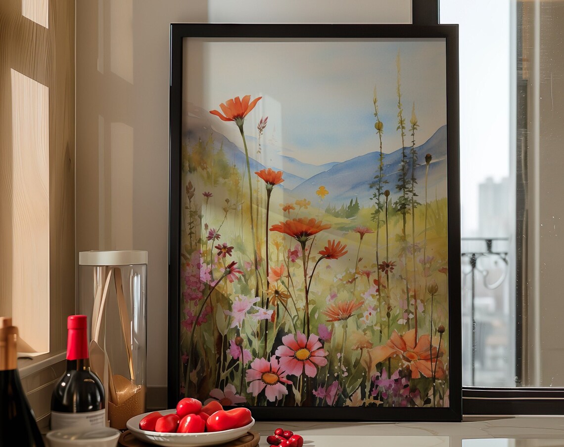 Wildflower Meadow Mountain Watercolor Painting Poster for Cheerful Homes